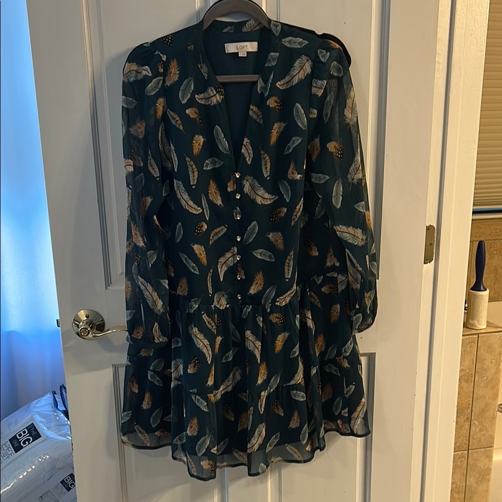 LOFT Dark Teal Feather Pattern Dress